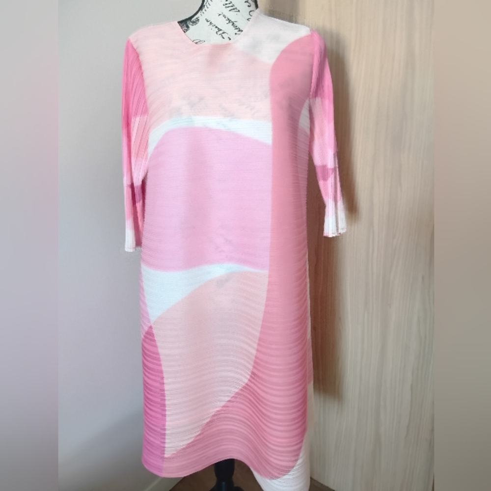 Brooklyn Modern Elegant Geometric Pink and White Pleat Midi Women's Dress SZ All